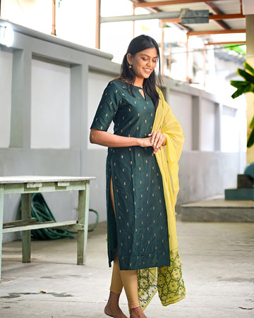 Green Delight - Tussar silk kurti with pure chanderi silk shawl with lining