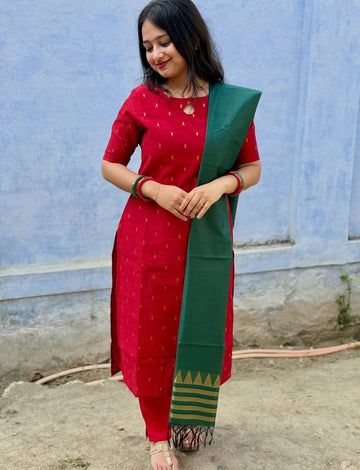 Elegant Red Raw Silk Kurti With Golden Buttas