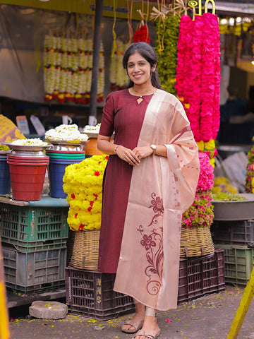 Brown Raw silk kurti with lining paired with Silk shawl