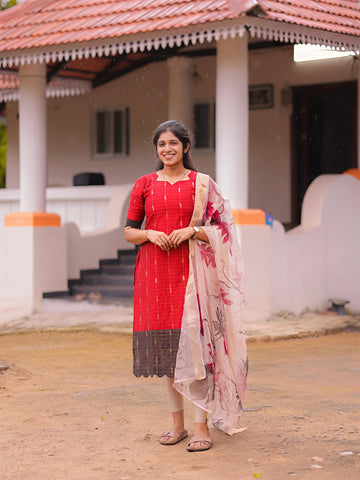 Tanira Red Raw silk kurti with lining paired with Silk shawl
