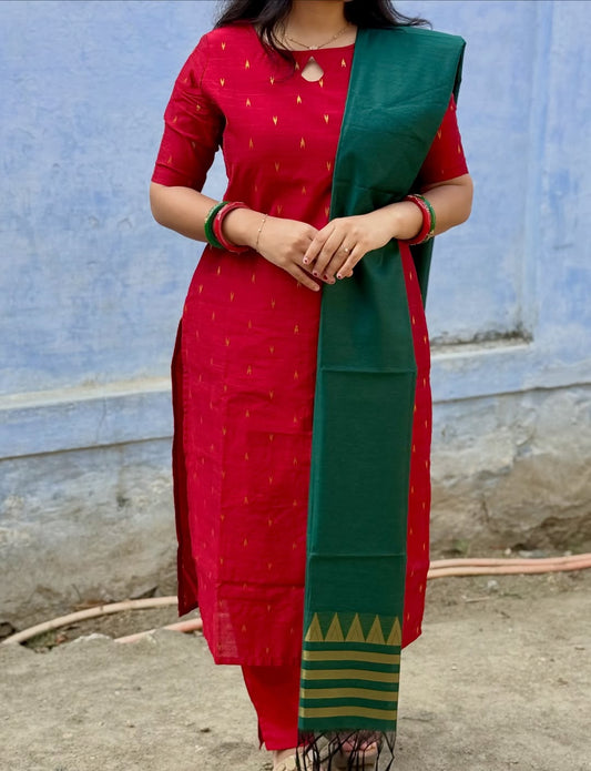 Elegant Red Raw Silk Kurti With Golden Buttas