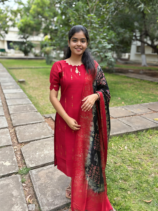 Royal Red Raw Silk Kurti With Lining Paired With Silk Shawl