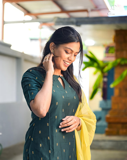 Green Delight - Tussar silk kurti with pure chanderi silk shawl with lining