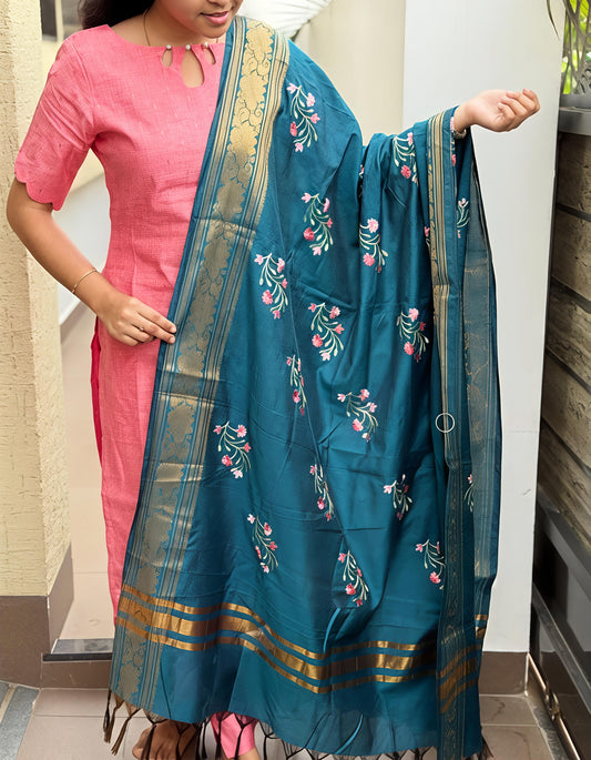 Pure Paper Silk Kurti With Straight Pant With Silk Shawl With Zari Border