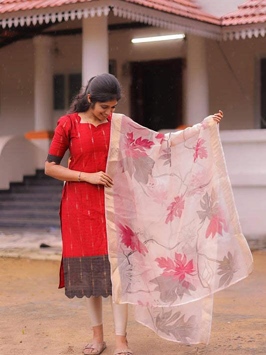 Tanira Red Raw silk kurti with lining paired with Silk shawl